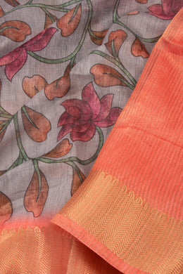 Grey Printed Semi Linen Saree With Floral Motifs And Zari Border 10076279