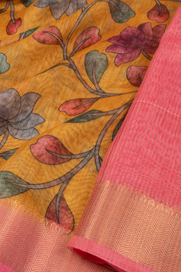 Yellow Printed Semi Linen Saree With Floral Motifs And Zari Border 10076280