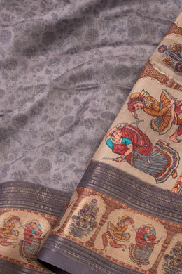 Grey Printed Semi Linen Saree With Tribal Motifs 10076282