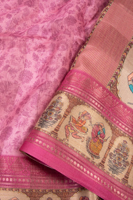 Pink Printed Semi Linen Saree With Tribal Motifs 10076283