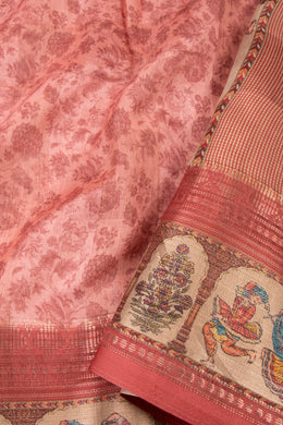 Brown Printed Semi Linen Saree With Tribal Motifs 10076284