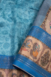 Blue Printed Semi Linen Saree With Tribal Motifs 10076285