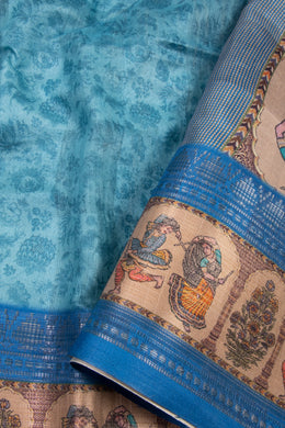 Blue Printed Semi Linen Saree With Tribal Motifs 10076285