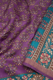 Purple Printed Semi Tussar Silk Saree With Floral Motifs and Floral Border 10076288