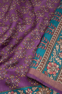 Purple Printed Semi Tussar Silk Saree With Floral Motifs and Floral Border 10076288