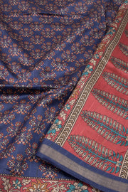 Blue Printed Semi Tussar Silk Saree With Floral Motifs and Floral Border 10076289