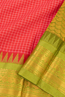 Red Handloom Gadwal Kuttu Cotton Saree With Checks Design 10076421