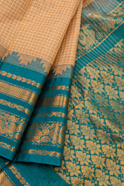 Beige Handloom Gadwal Kuttu Cotton Saree With Checks Design 10076423