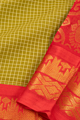 Green Handloom Gadwal Kuttu Cotton Saree With Checks Design 10076428