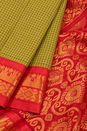 Green Handloom Gadwal Kuttu Cotton Saree With Checks Design 10076428