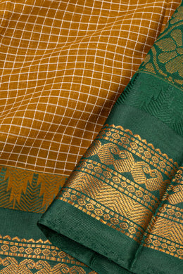 Brown Handloom Gadwal Kuttu Cotton Saree With Checks Design 10076430