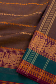 Mocha Brown Handloom Kanchi Cotton Saree with Srtipes And Peacock Border 10076458