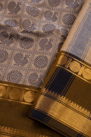 Sunset Beige Handloom Kanchi Cotton Saree with Peacock Motifs And Rudhraksham Zari Border 10076468