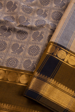 Sunset Beige Handloom Kanchi Cotton Saree with Peacock Motifs And Rudhraksham Zari Border 10076468