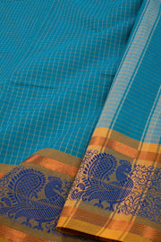 Sea Wave Blue Handloom Kanchi Cotton Saree with Checks and Peacock Border 10076470