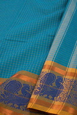 Sea Wave Blue Handloom Kanchi Cotton Saree with Checks and Peacock Border 10076470