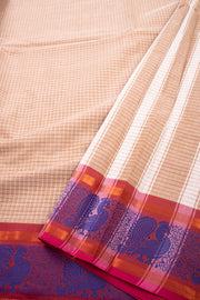 Desert Brown Handloom Kanchi Cotton Saree with Checks And Peacock Border 10076471