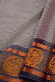 Mink Grey Handloom Kanchi Cotton Saree with Checks and Peacock Border 10076472