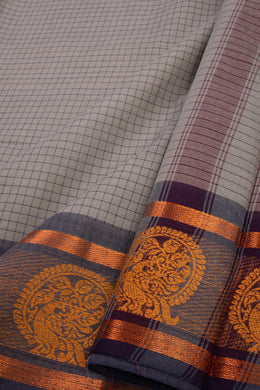 Mink Grey Handloom Kanchi Cotton Saree with Checks and Peacock Border 10076472
