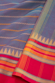 Periwinkle Blue Handloom Kanchi Cotton Saree with Stripes and Temple Border 10076475