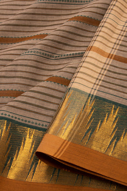 Warm Caramel Brown Handloom Kanchi Cotton Saree with Stripes and Temple Border  10076477