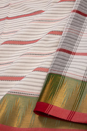 Pearl White Handloom Kanchi Cotton Saree with Stripes and Temple Border 10076478