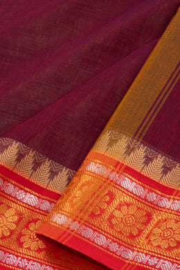 Cherry Wine Maroon Handloom Kanchi Cotton Saree with Temple and Floral Border 10076480