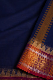 Twilight Blue Handloom Kanchi Cotton Saree with Temple And Floral Zari Border 10076481