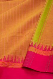 Golden Honey Yellow Handloom Kanchi Cotton Saree with Stripes And Temple Border 10076483