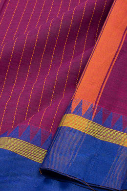 Grape Wine Purple Handloom Kanchi Cotton Saree With Stripes and Temple Border 10076485