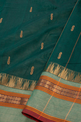 Pine Green Handloom Kanchi Cotton Saree with Temple Border 10076487