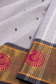 Mist Grey Handloom Kanchi Cotton Saree with Peacock Border 10076488