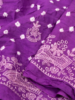 Royal Purple Tie And Dye Bandhani Embroidered Cotton Saree 10076500