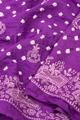 Royal Purple Tie And Dye Bandhani Embroidered Cotton Saree 10076500
