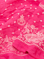 Bright Blush Pink Tie And Dye Bandhani Embroidered Cotton Saree 10076501