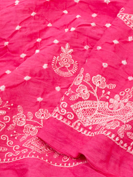 Bright Blush Pink Tie And Dye Bandhani Embroidered Cotton Saree 10076501