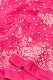 Bright Blush Pink Tie And Dye Bandhani Embroidered Cotton Saree 10076501