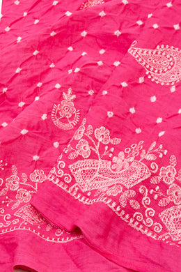 Bright Blush Pink Tie And Dye Bandhani Embroidered Cotton Saree 10076501