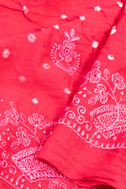 Poppy Pink Tie And Dye Bandhani Embroidered Cotton Saree 10076503