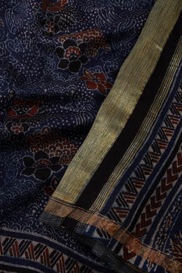 Slate Blue Ajrakh Printed Silk Cotton Saree 10076504