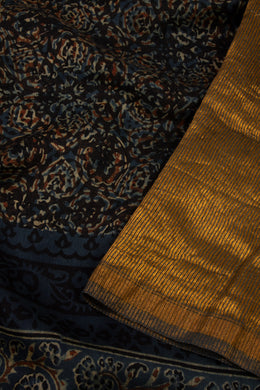 Night Sky Blue Ajrakh Printed Silk Cotton Saree 10076507