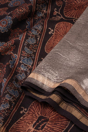 Espresso Black Ajrakh Printed Silk Cotton Saree 10076508