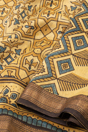 Apricot Beige Ajrakh Printed Silk Cotton Saree With Geometric Motifs And Zari Border 10076509