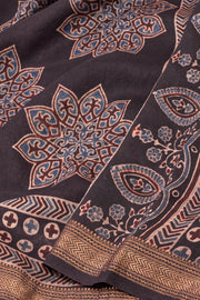 Truffle Black Ajrakh Printed Silk Cotton Saree With Floral Motifs And Zari Border 10076510