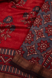 Autumn Crimson Red Ajrakh Printed Silk Cotton Saree With Floral Motifs And Zari Border 10076511