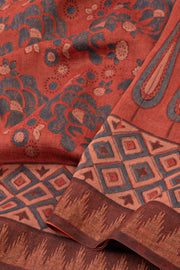 Tangerine Red Ajrakh Printed Silk Cotton Saree With Floral Motifs And Temple Zari Border 10076512