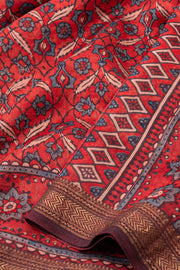 Coral Red Ajrakh Printed Silk Cotton Saree With Floral Motifs And Zari Border 10076513
