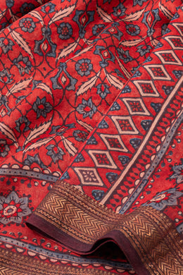 Coral Red Ajrakh Printed Silk Cotton Saree With Floral Motifs And Zari Border 10076513