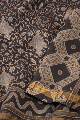 Midnight Smoke Black Ajrakh Printed Silk Cotton Saree With Floral Motifs And Zari Border 10076514