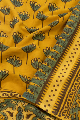 Vintage Amber Yellow Ajrakh Printed Mulmul Cotton Saree With Floral Border 10076515
